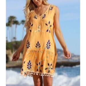 NWT Floral Embroidered Sleeveless Dress M Yellow Anadas Coll. Boho Beach Peasant